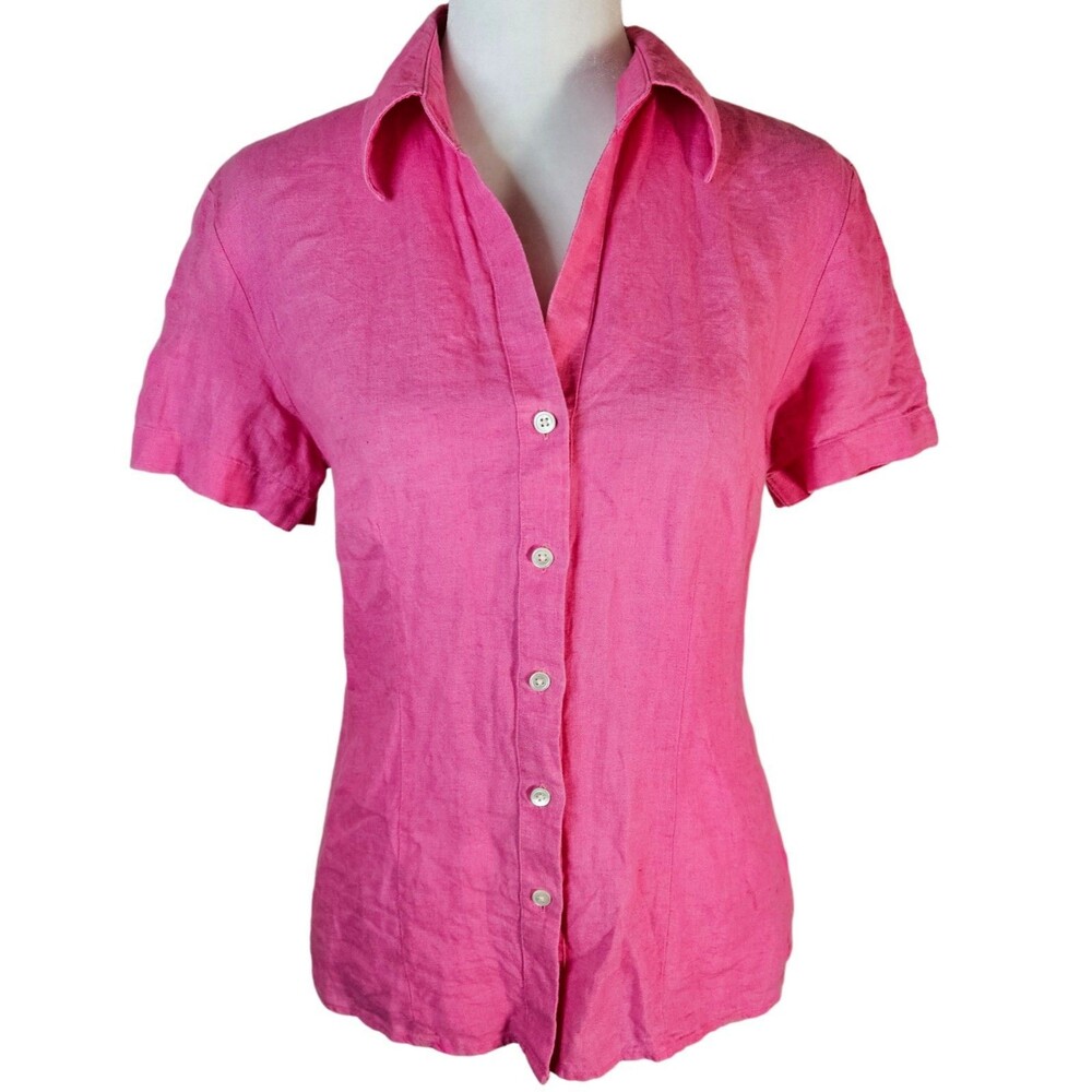 Lands End Pink Linen Button Up Blouse Women's 6 Spring Summer Lightweight Basics